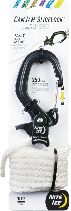 Nite Ize CamJam SlideLock Rope Tightener & 10 ft Nylon Rope - Features Pull-to-Tighten Lock & Quick-Release Lever - 250 lb Working Load Limit - Fits Rope Sizes 3–6mm - Large