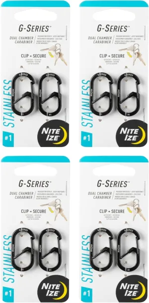 Nite Ize G-Series Dual Chamber Carabiner - Carabiner Clip for Car Keys, Keychains & More - Dual Chamber Key Organizer - Key Holder Accessories - Size 1, Black, (4 Pack)