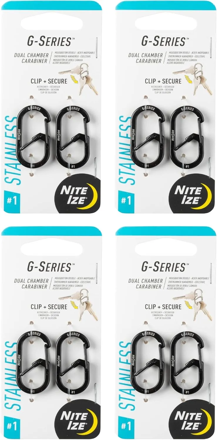 Nite Ize G-Series Dual Chamber Carabiner - Carabiner Clip for Car Keys, Keychains & More - Dual Chamber Key Organizer - Key Holder Accessories - Size 1, Black, (4 Pack)