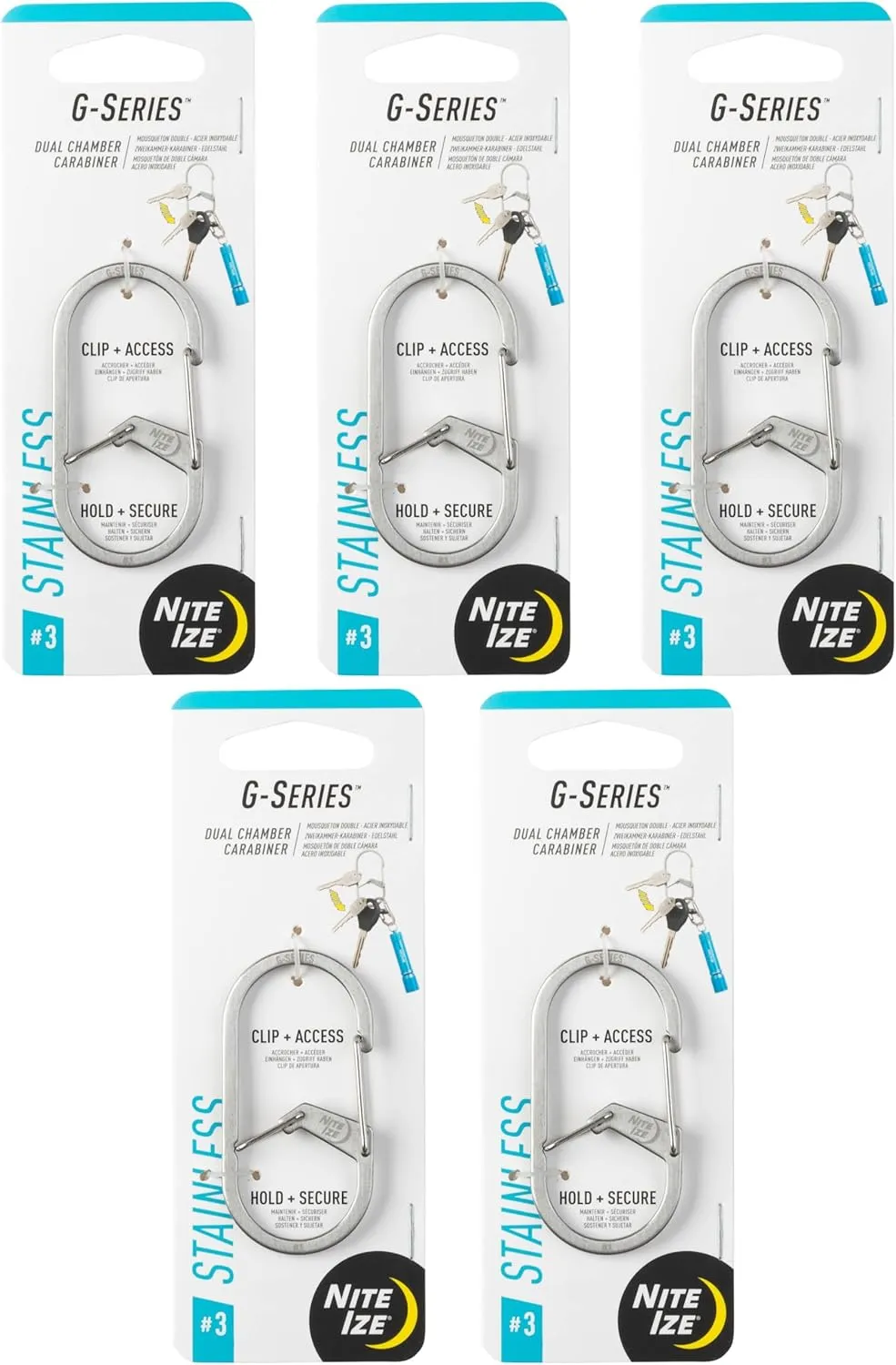 Nite Ize G-Series Dual Chamber Carabiner - Heavy-Duty Key Organizer Carabiner Clip - Dual Chamber Carabiner with Wire Gate Closure - Stainless, Size 3 (5 Pack)
