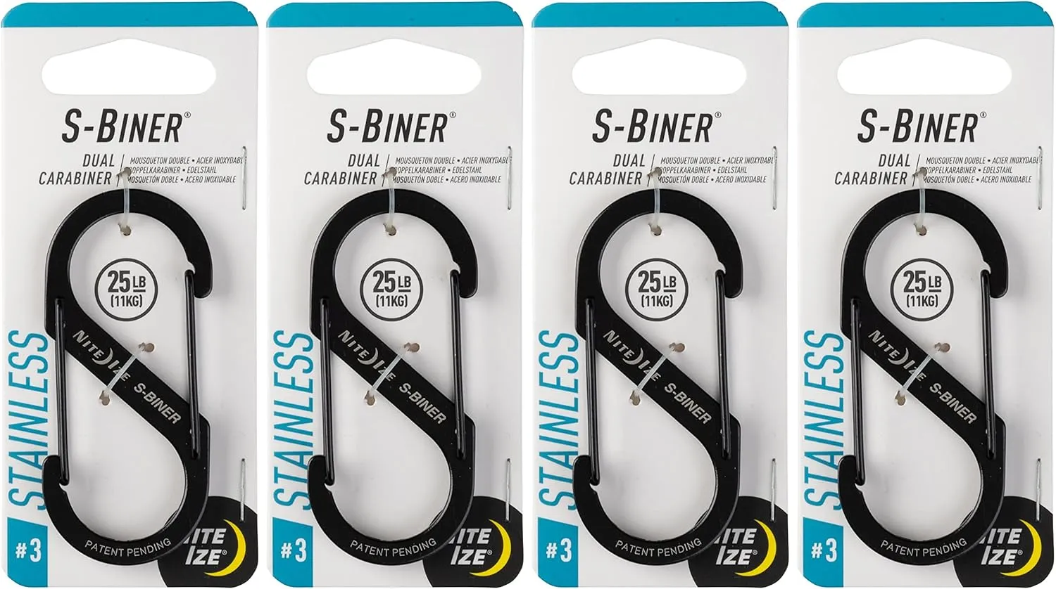 Nite Ize S-Biner Dual Carabiner Stainless Steel, Black, #3-Size, SB3-03-01 (4-Pack)