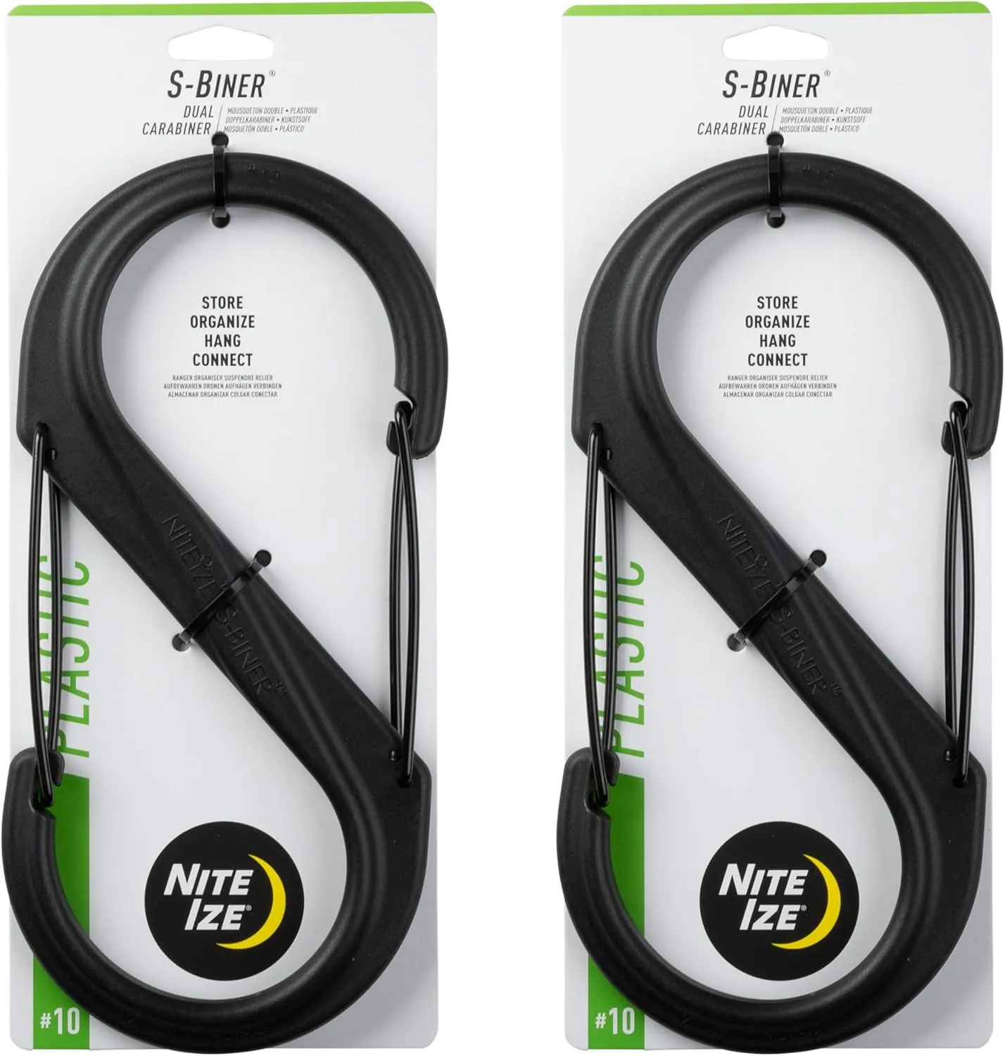 Nite Ize S-Biner Plastic Dual Carabiner - Daily Use Double-Sided S-Biner - Dual Clip Carabiner Accessory for Holding & Organizing - Accessory for Camping & More - Black, Size 10 (2 Pack)