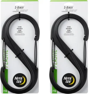 Nite Ize S-Biner Plastic Dual Carabiner - Daily Use Double-Sided S-Biner - Dual Clip Carabiner Accessory for Holding & Organizing - Accessory for Camping & More - Black, Size 10 (2 Pack)