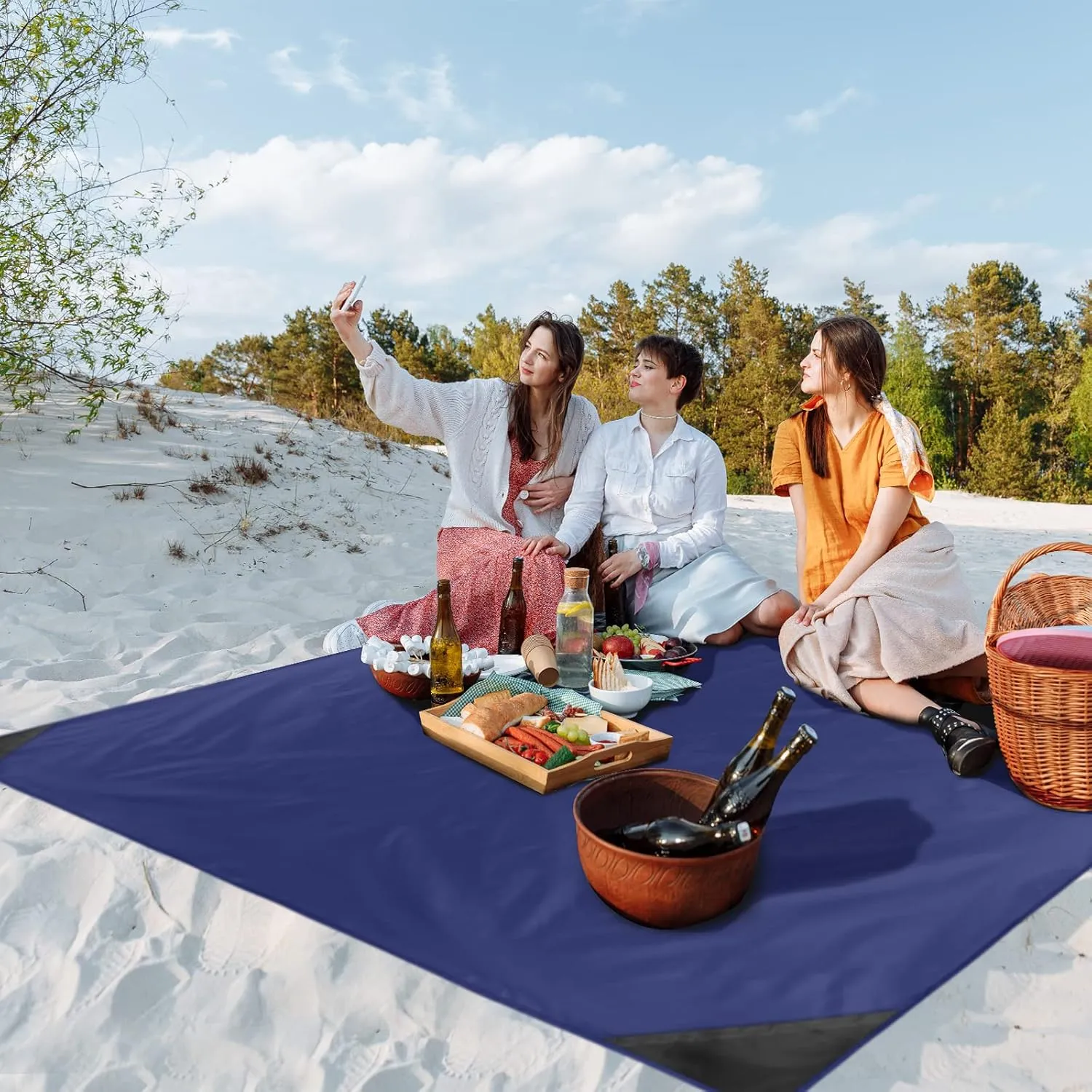 Odoland Pocket Blanket Picnic Blanket, 71" x 63" SandProof Waterproof Outdoor Beach Blanket with Portable Bag, Foldable Lightweight Sand Free Quick Drying Beach Mat for Hiking Camping Travel, Blue