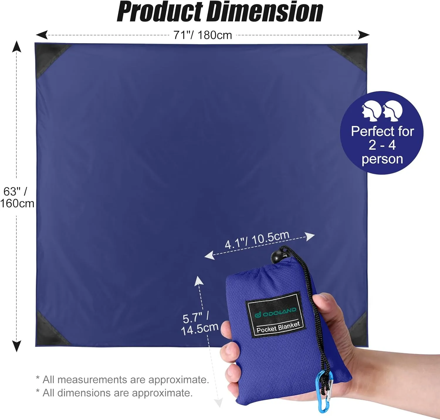 Odoland Pocket Blanket Picnic Blanket, 71" x 63" SandProof Waterproof Outdoor Beach Blanket with Portable Bag, Foldable Lightweight Sand Free Quick Drying Beach Mat for Hiking Camping Travel, Blue