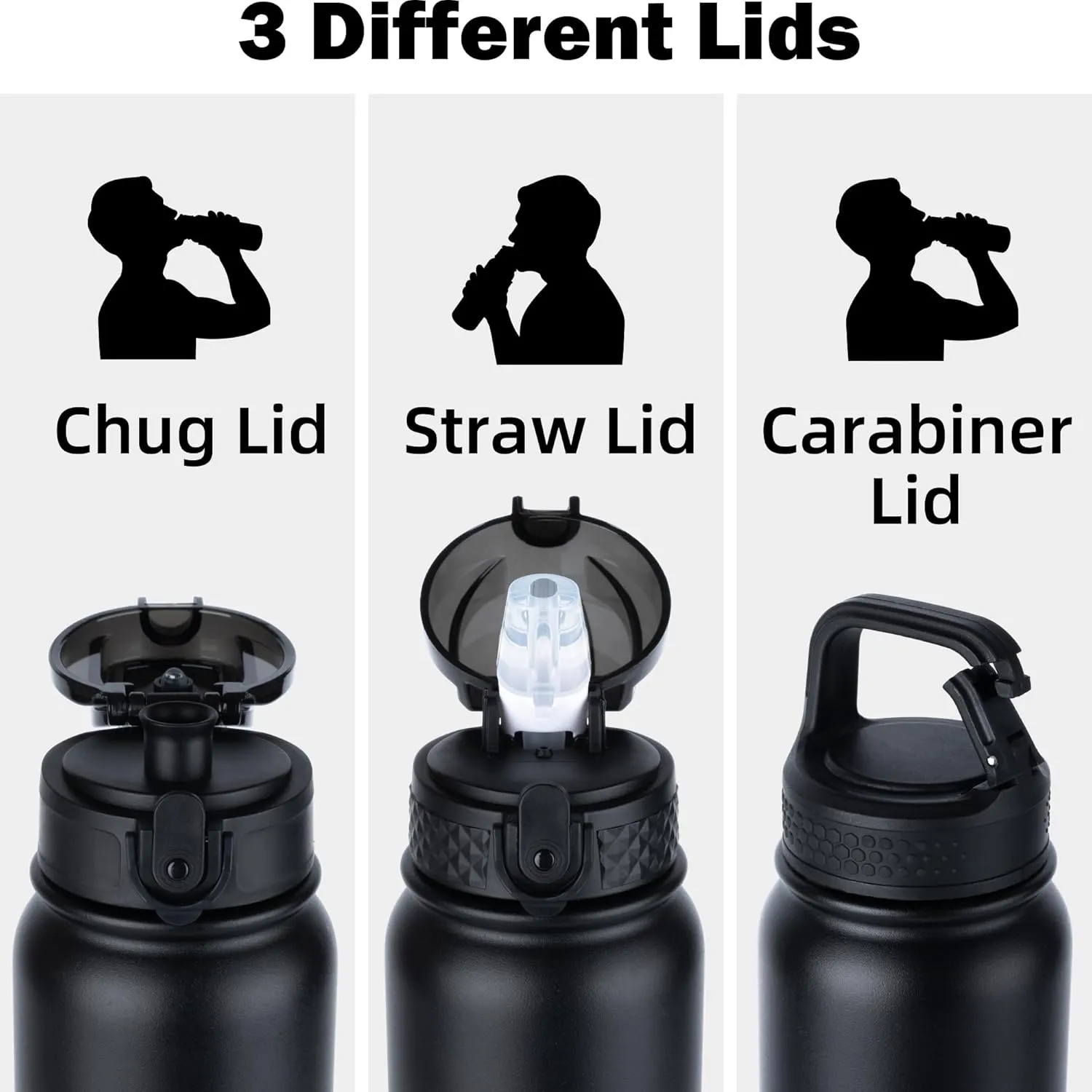 Oldley Insulated Water Bottle 20oz Water Bottles with Straw, Stainless Steel Water Bottle with 3 Lids, Double Wall Vacuum Bottles for Adult Kids, Sports Bottles for School Travel, Black