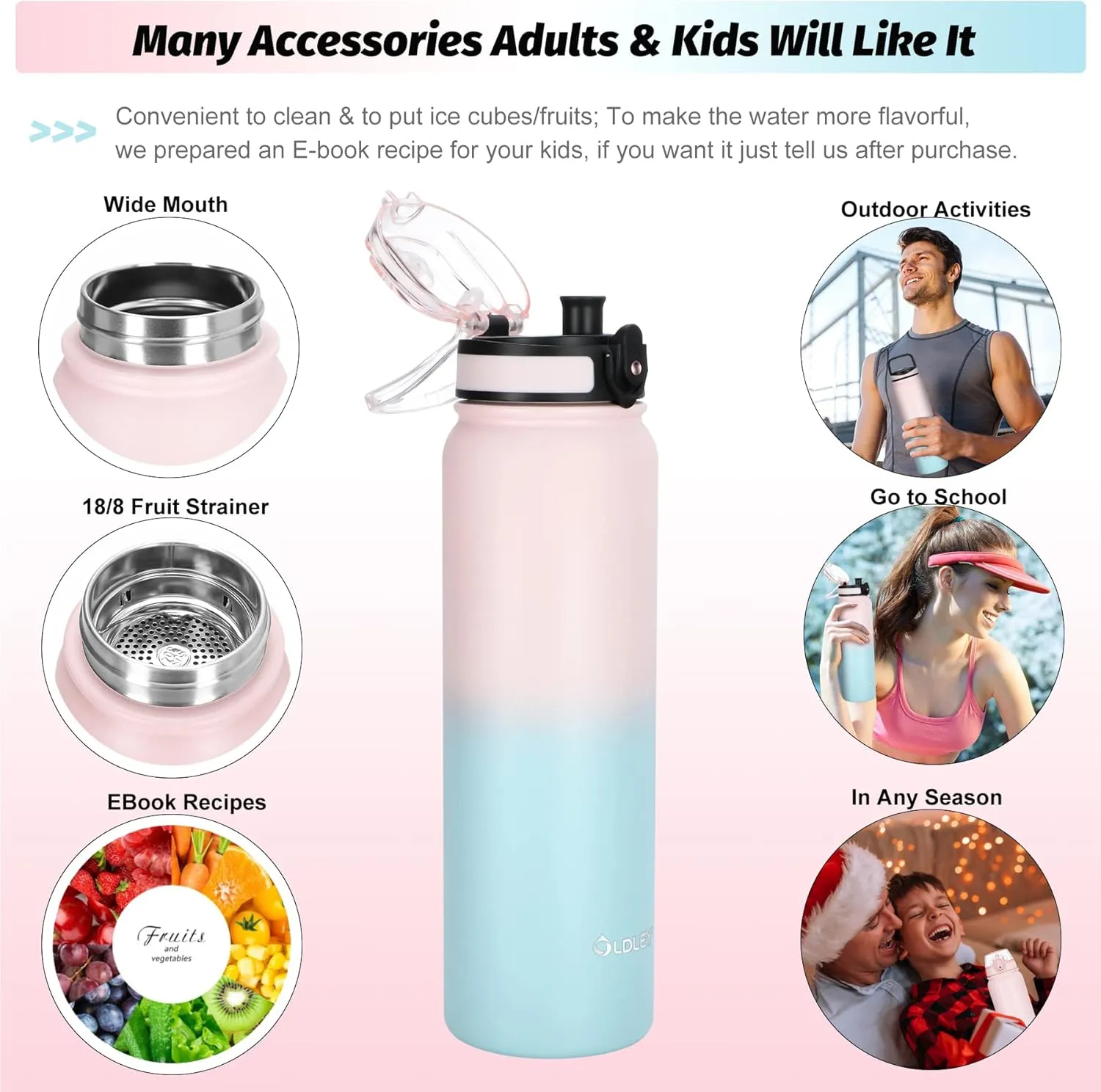 OLDLEY Insulated Water Bottle with Straw 32oz Stainless Steel Water Bottles with 3 lids Double-Wall Vacuum Thermal for Kids Adults School Sports,Pink-Blue