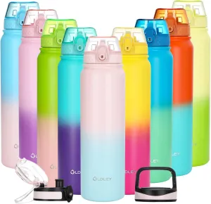 OLDLEY Insulated Water Bottle with Straw 32oz Stainless Steel Water Bottles with 3 lids Double-Wall Vacuum Thermal for Kids Adults School Sports,Pink-Blue