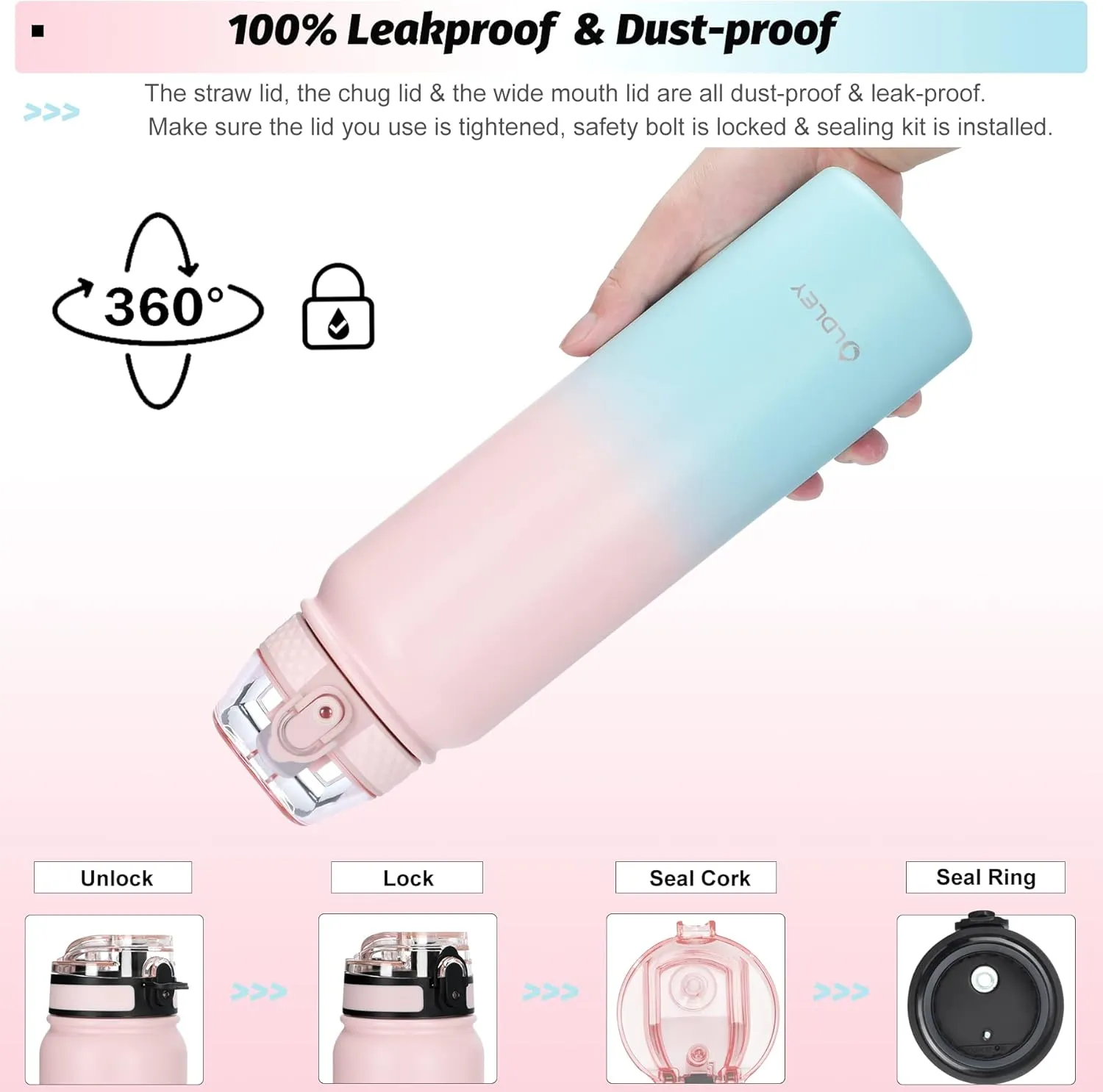 OLDLEY Insulated Water Bottle with Straw 32oz Stainless Steel Water Bottles with 3 lids Double-Wall Vacuum Thermal for Kids Adults School Sports,Pink-Blue
