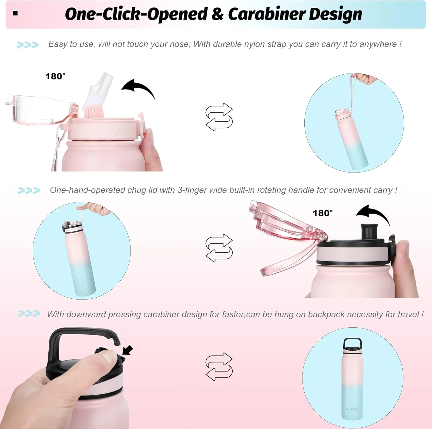 OLDLEY Insulated Water Bottle with Straw 32oz Stainless Steel Water Bottles with 3 lids Double-Wall Vacuum Thermal for Kids Adults School Sports,Pink-Blue