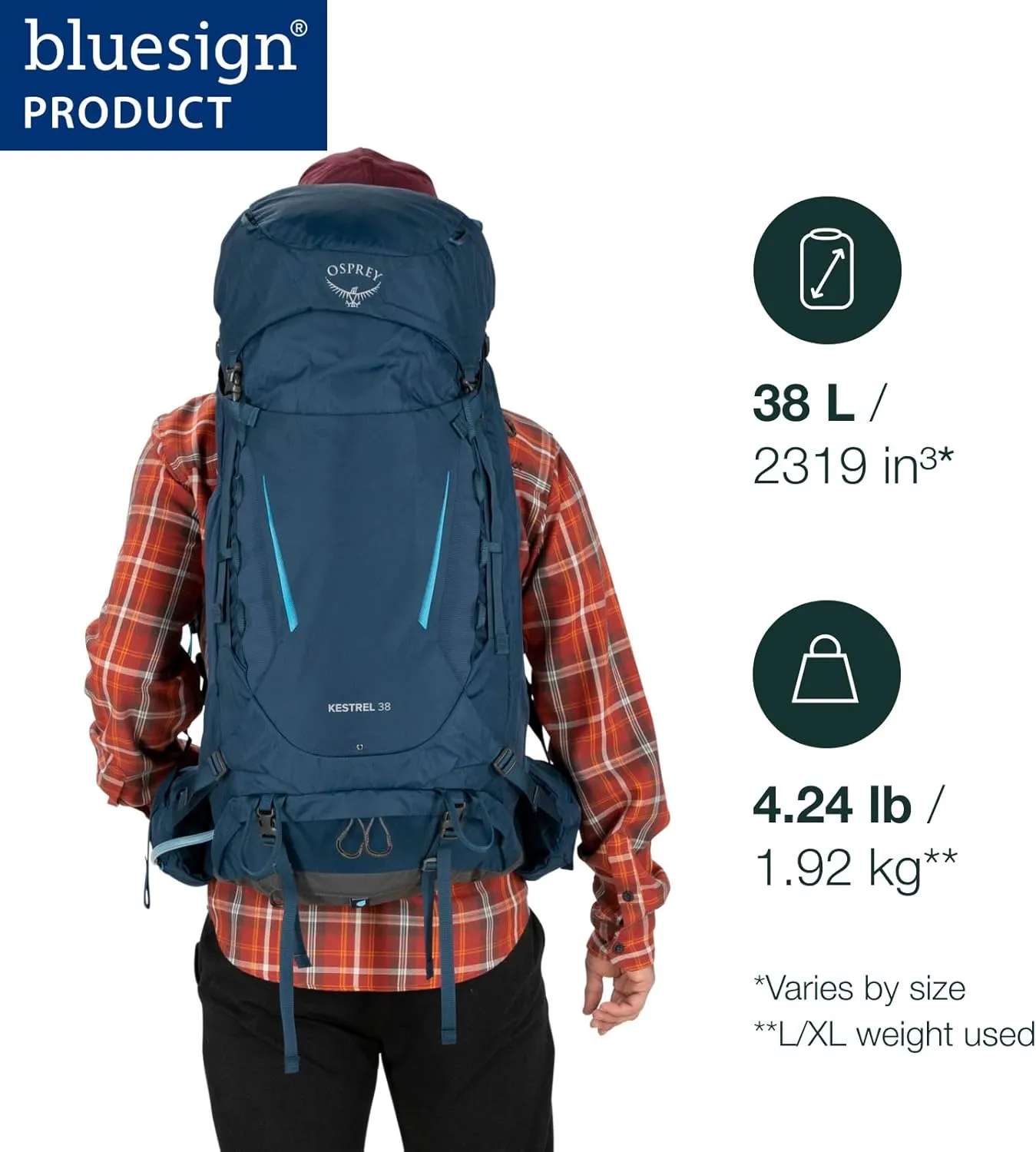 Osprey Kestrel 38L Men's Backpacking Backpack, Black, S/M