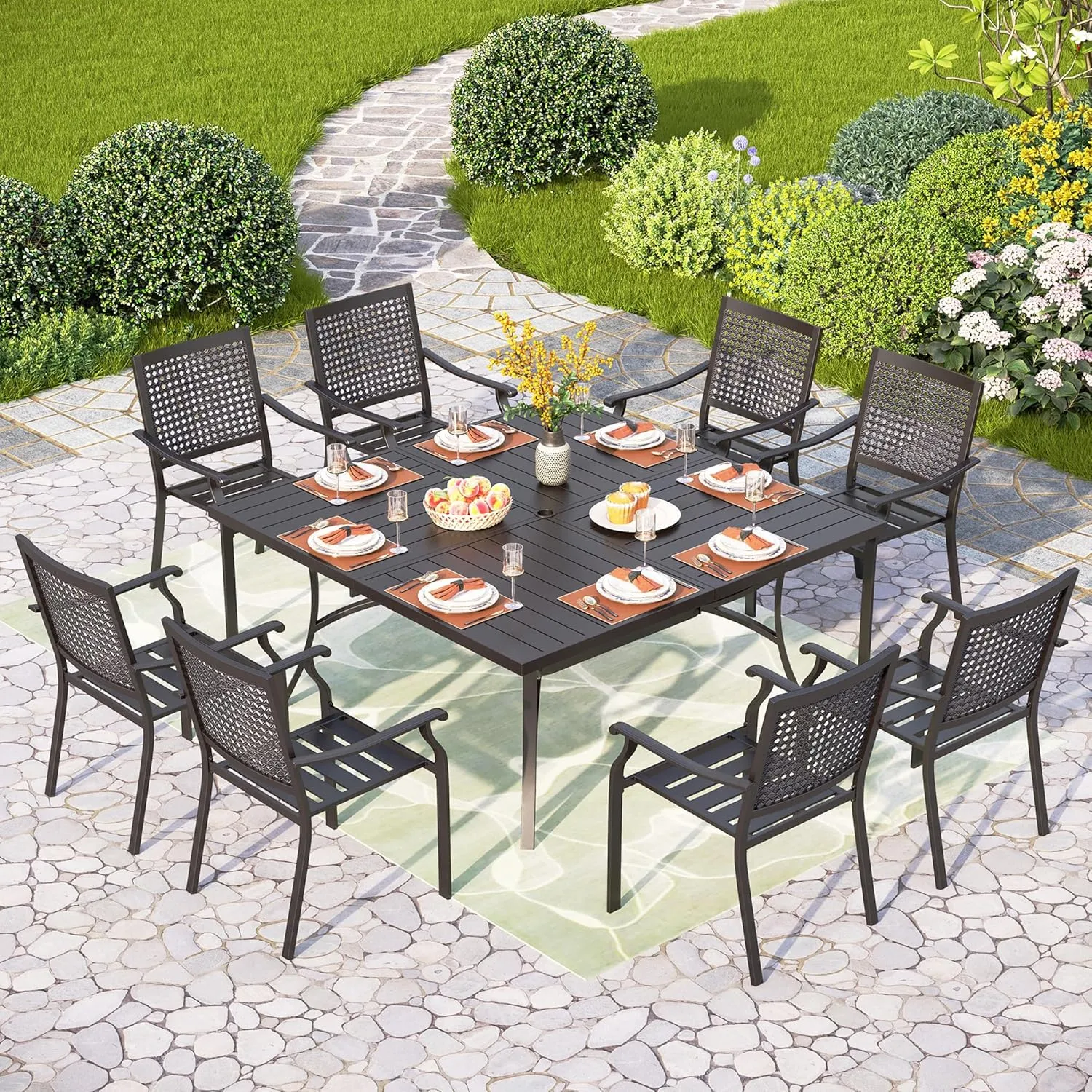PHI VILLA Large Outdoor Square Dining Table for 8, 60" Metal Steel Slat Table with Umbrella Hole, Weather-Resistant Dining Fruniture for Patio, Deck, Backyard, Porch - Black