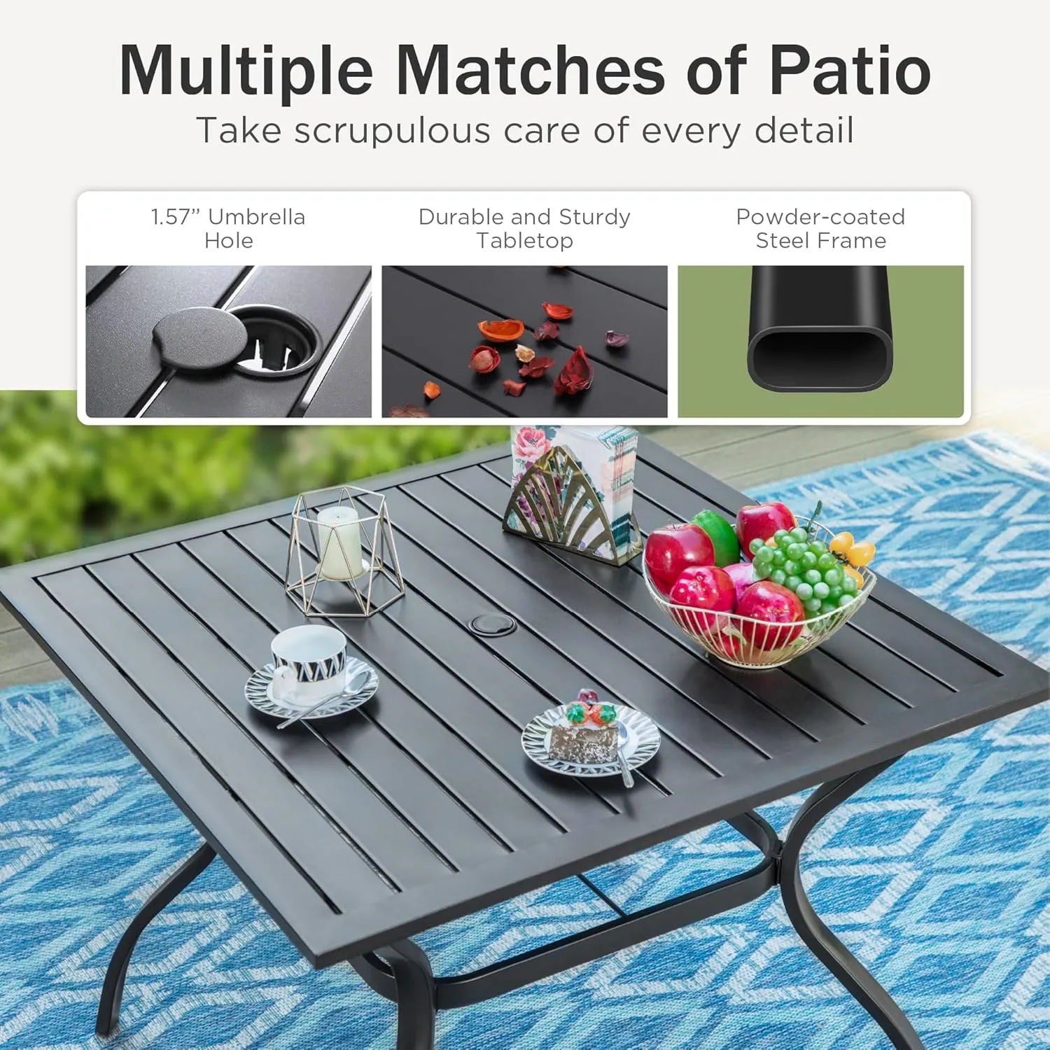 PHI VILLA Outdoor Patio Dining Set with 10ft Umbrella for 4, Outdoor Table Chairs Set with Adjustable Folding Patio Chair for Garden