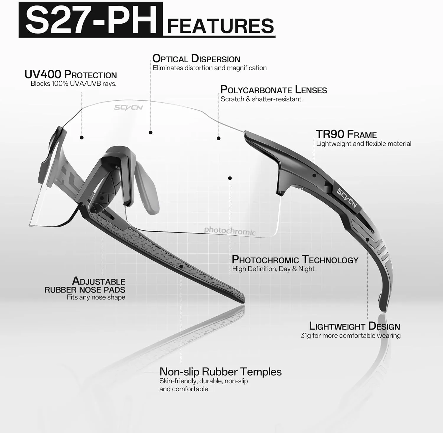 Photochromic Cycling Glasses Sports Sunglasses Men Women Clear Bicycle MTB UV400 Protection TR90 Frame Bike