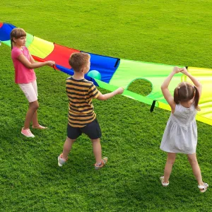 Play Parachute for Kids 18 x 3 Feet Play Rectangular Game Rainbow Parachute with 16 Handles and Ball for Team Building Games Field Day Outdoor Playground Cooperative Activities