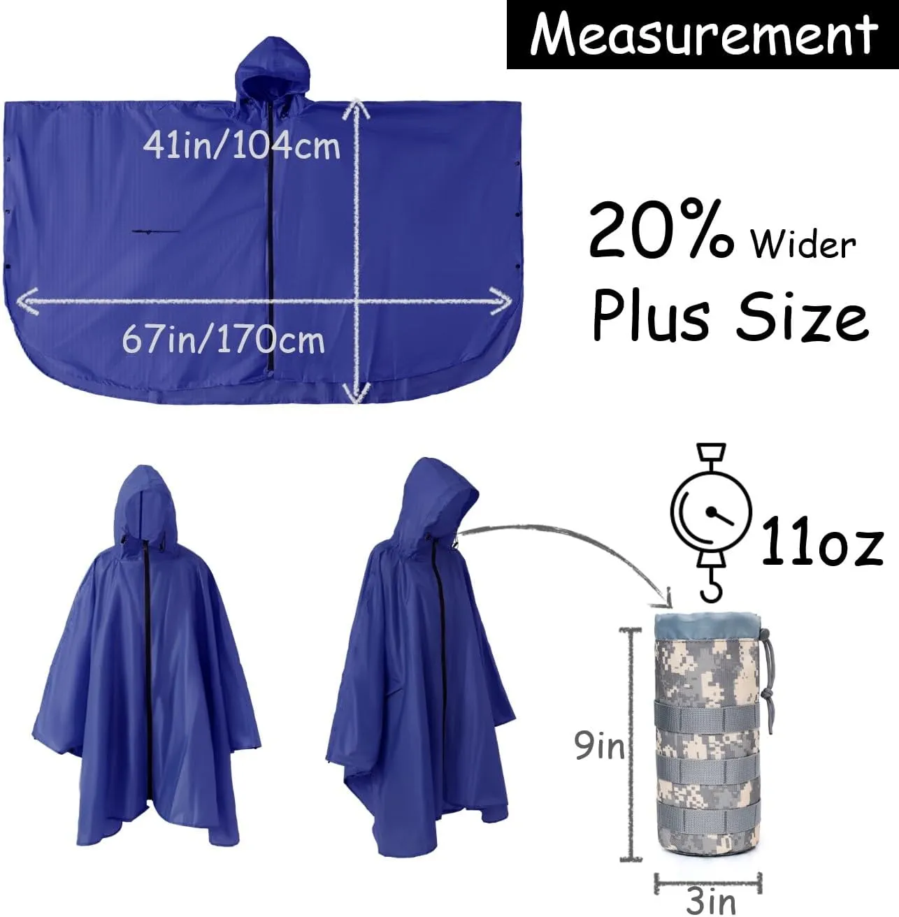 Plus Size Adult Rain Poncho with Hood and Zipper, Poncho Para Lluvia, Tactical Ponchos Adult For Camping, Hiking