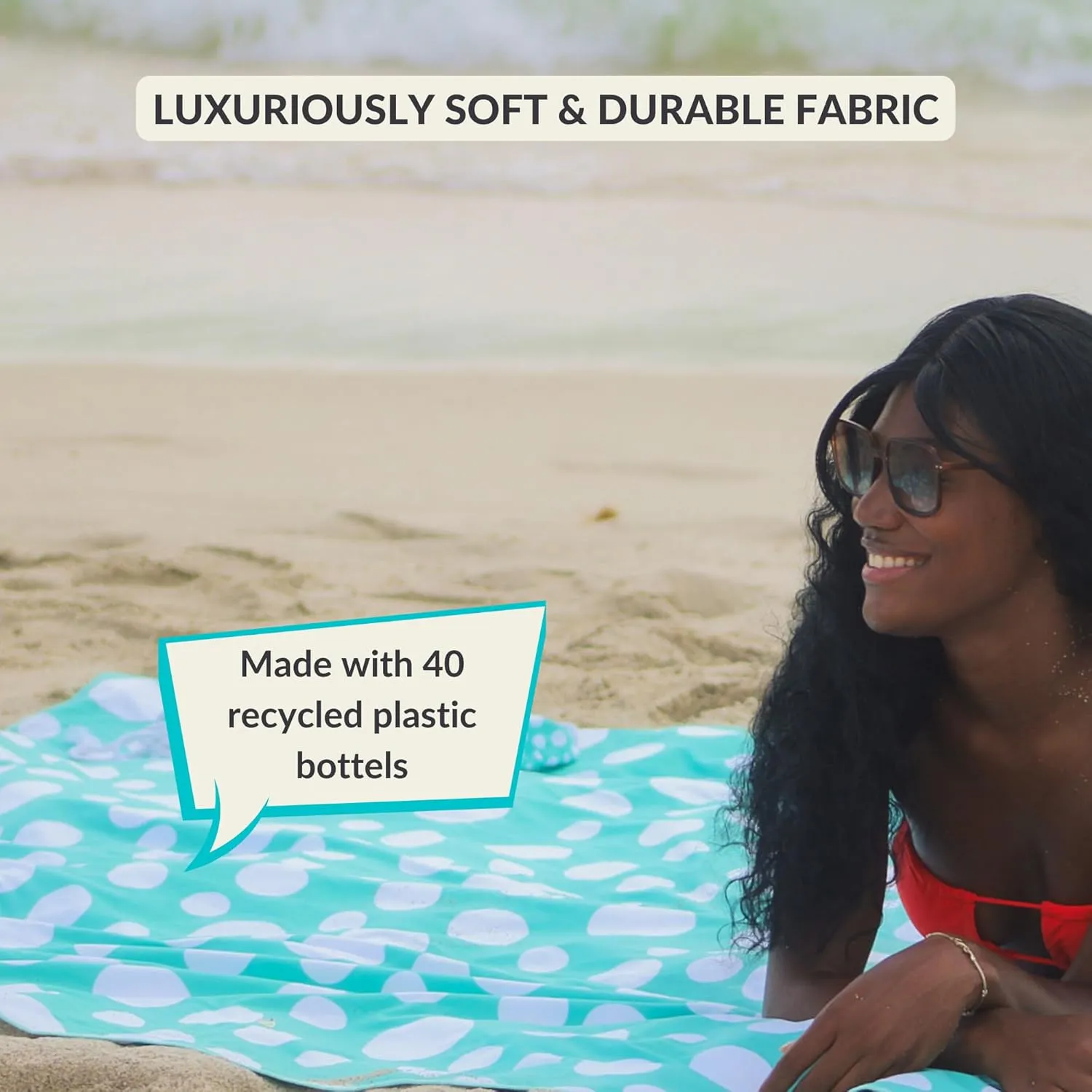 Plush Microfiber Beach Blanket, Extra Large Beach Mat for 3-6 Persons, Sandproof, Windproof | Hole for Umbrella, Corner Sand Pockets to Fight Wind (Bag for Blanket Included)