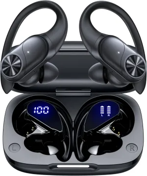 PocBuds Bluetooth Headphones Wireless Earbuds 80hrs Playtime Wireless Charging Case Digital Display Sports Ear Buds with Earhook Deep Bass IPX7 Waterproof Over-Ear Earphones for TV Phone Laptop Black