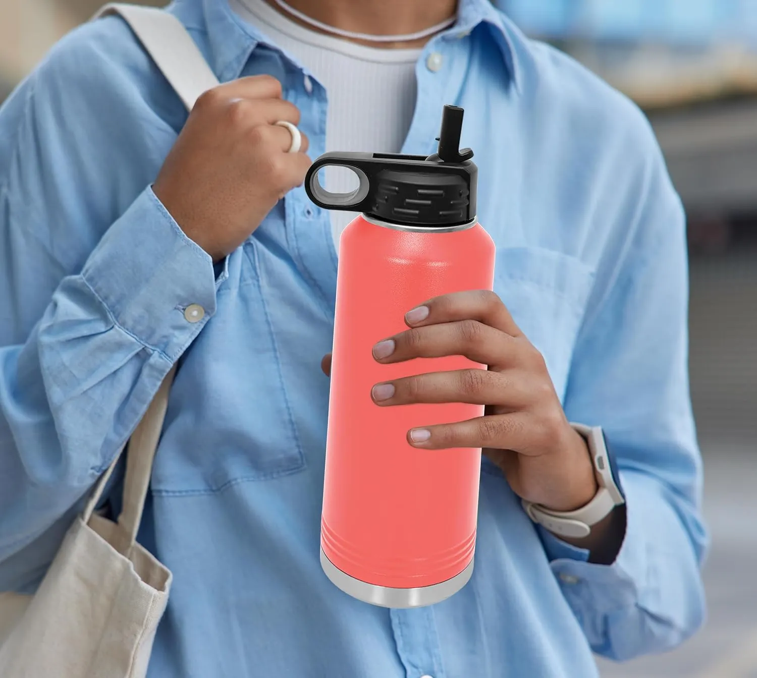 Polar Camel Water Bottle 32 oz with Flip-Top Lid and Straw, Vacuum Insulated Flask, Stainless Steel Sports Double Wall Thermos – Fitness Traveling Camping Water Bottle (Coral, 32 oz)