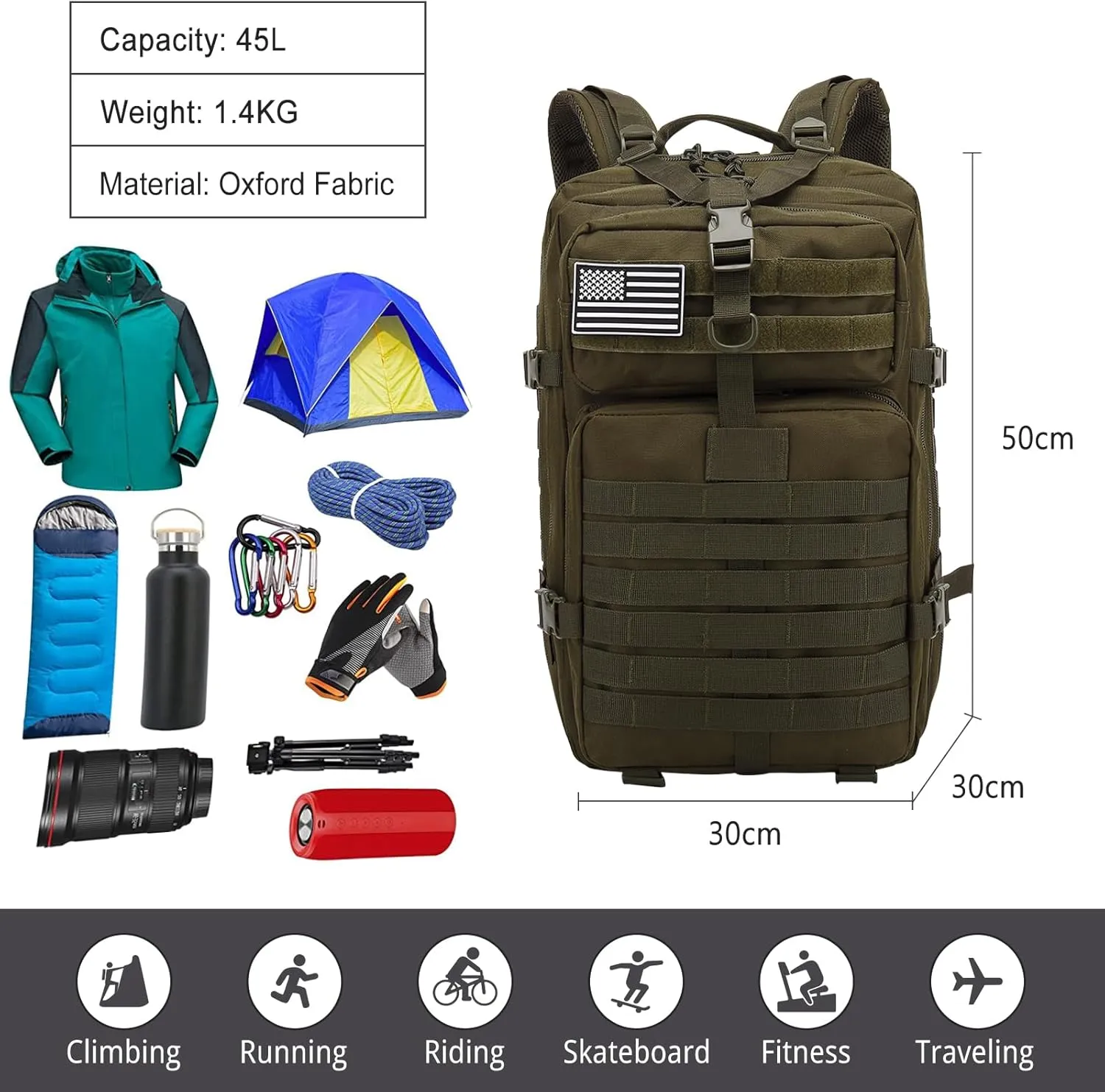 PORRASSO 45L Military Tactical Backpacks Trekking Rucksack Waterproof Outdoor Daypack 3 Day Bug Out Bag Durable Backpack for Survival Traveling Mountaining Army Green
