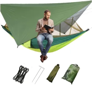 Portable Camping Hammock Hiking Hammock with Mosquito Net Rain Cover Dark Green Portable Camping