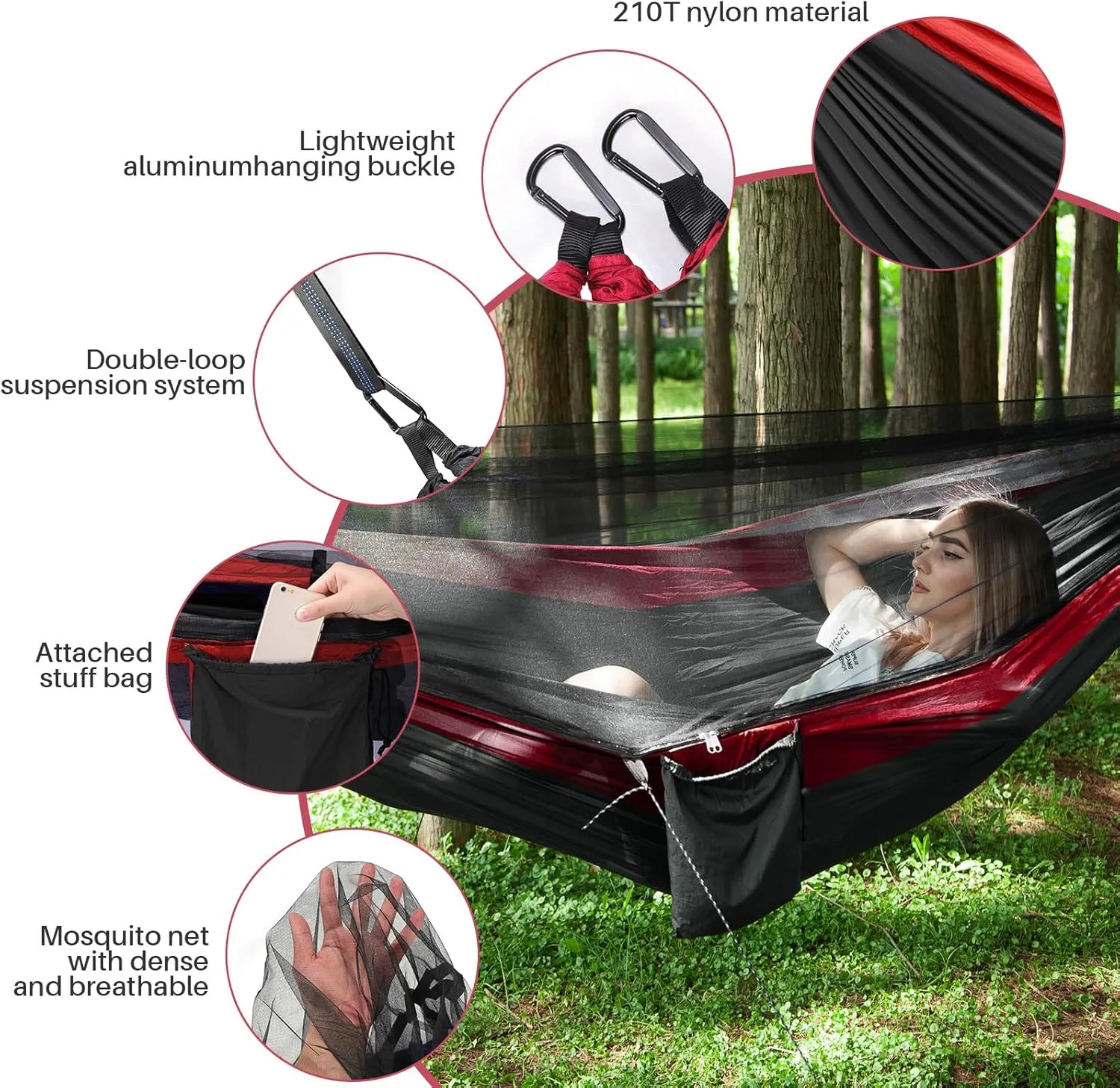Portable Double Camping Hammock with Mos-Quito Net - 2-Person Lightweight Nylon Parachute Hammock for Outdoor Camping, Hiking, and Travel