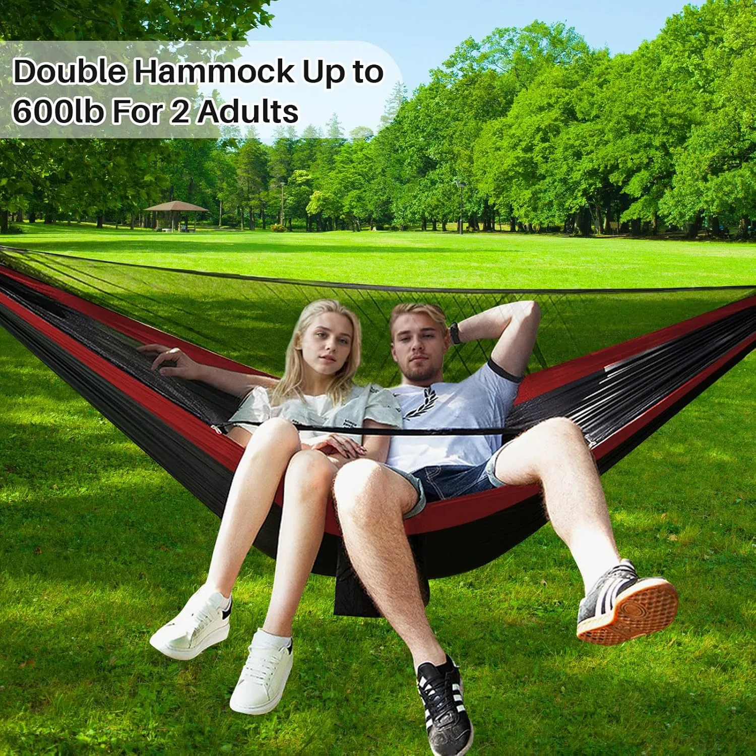 Portable Double Camping Hammock with Mos-Quito Net - 2-Person Lightweight Nylon Parachute Hammock for Outdoor Camping, Hiking, and Travel