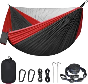 Portable Double Camping Hammock with Mos-Quito Net - 2-Person Lightweight Nylon Parachute Hammock for Outdoor Camping, Hiking, and Travel