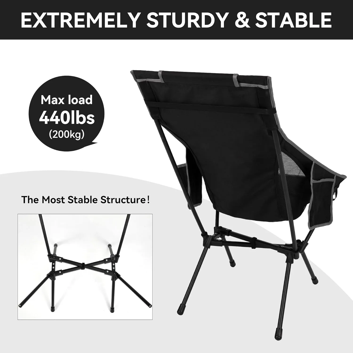 Portable High Back Camping Chair, Support Heavy Duty 440 lbs, Compact Folding Backpacking Chair with Detachable Pillow for Camp, Hiking, Backpacking(Black)