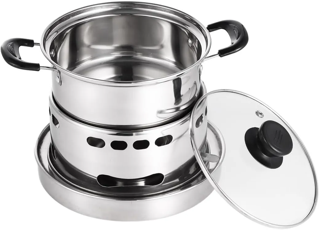Portable Spirit Stove with Pot, Stainless Steel Alcohol Cooker for Indoor and Outdoor Use, No Electricity Needed, Compact 6.3 in Cooking Pot Included