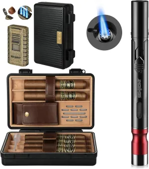 Portable Travel Cedar Wood Lined Cigar Humidor,5 in 1 Pen Shaped Cigar Lighter