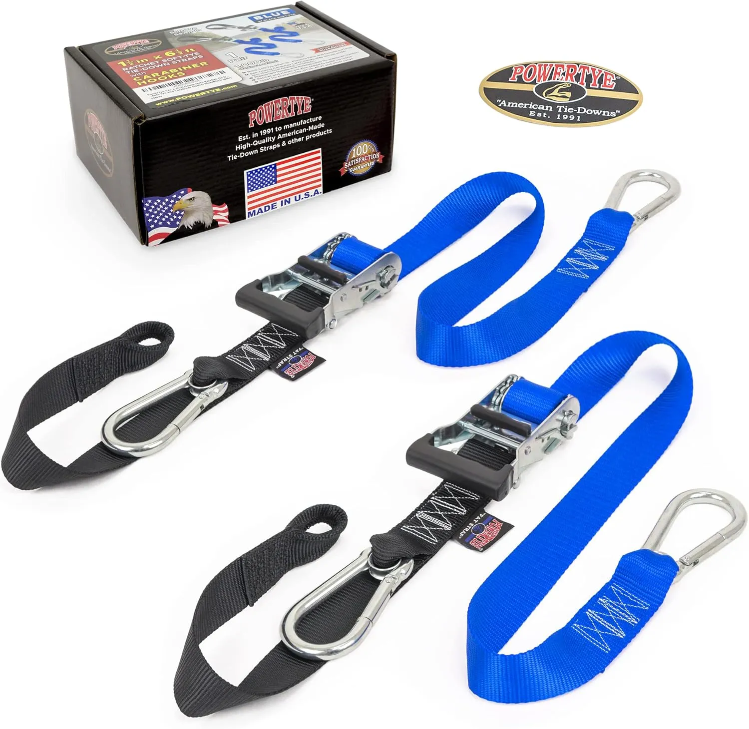 PowerTye 1.5in x 6.5ft Heavy Duty Ratchet Tie-Down Straps with Soft-Tye and Carabiner Hooks - 1,000 lb Working Load Limit / 3,000 lb Breaking Strength - Made in USA - Blue/Black Pair