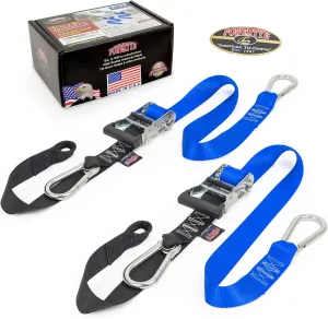 PowerTye 1.5in x 6.5ft Heavy Duty Ratchet Tie-Down Straps with Soft-Tye and Carabiner Hooks - 1,000 lb Working Load Limit / 3,000 lb Breaking Strength - Made in USA - Blue/Black Pair