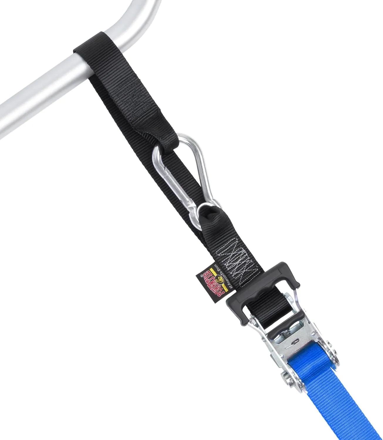 PowerTye 1.5in x 6.5ft Heavy Duty Ratchet Tie-Down Straps with Soft-Tye and Carabiner Hooks - 1,000 lb Working Load Limit / 3,000 lb Breaking Strength - Made in USA - Blue/Black Pair