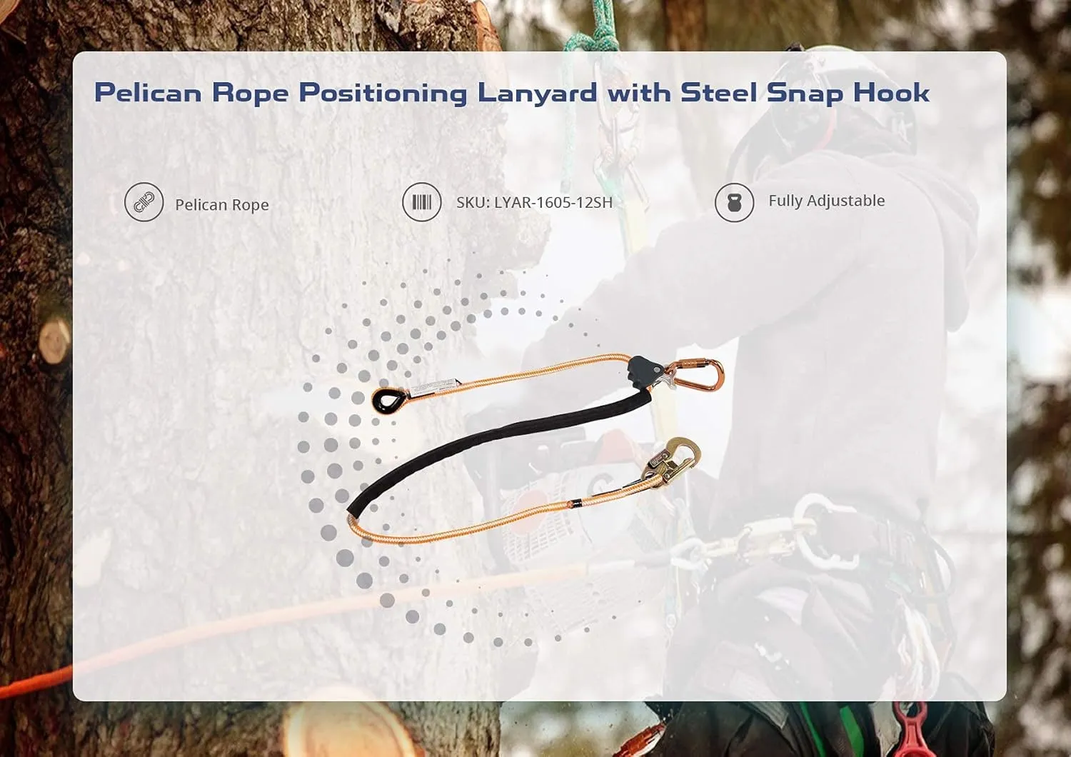 ProClimb Arborist Positioning Lanyard by Pelican Rope - 1/2 in x 10 ft Polyester Rope with Steel Snap Hook - Adjustable, High Visibility, ANSI/OSHA Certified for Work Positioning and Tree Climbing
