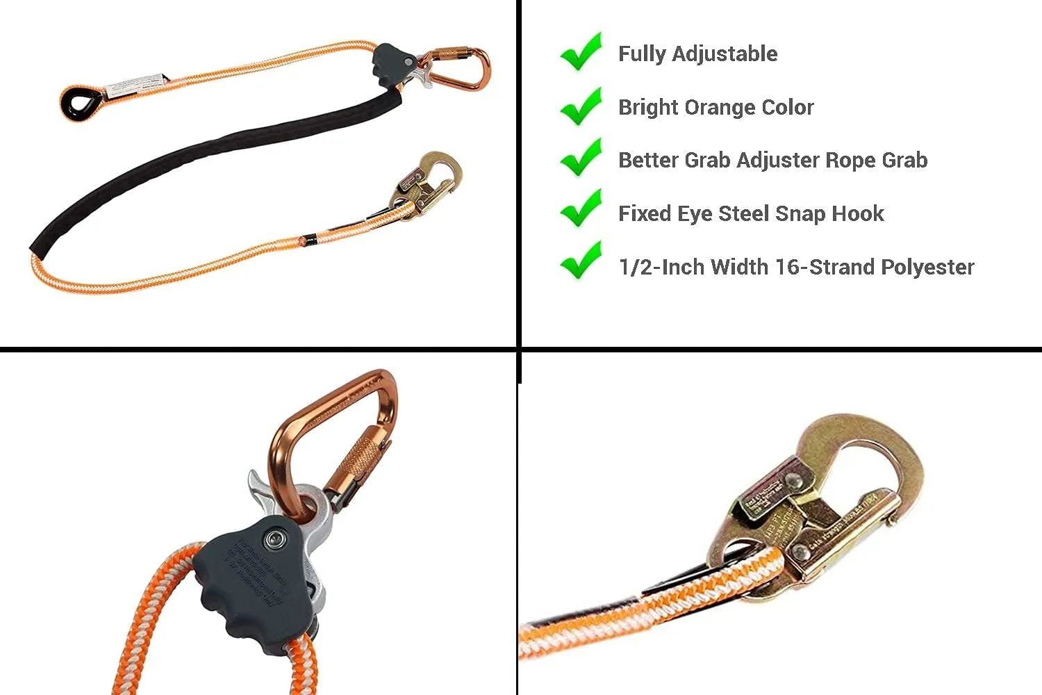 ProClimb Arborist Positioning Lanyard by Pelican Rope - 1/2 in x 10 ft Polyester Rope with Steel Snap Hook - Adjustable, High Visibility, ANSI/OSHA Certified for Work Positioning and Tree Climbing