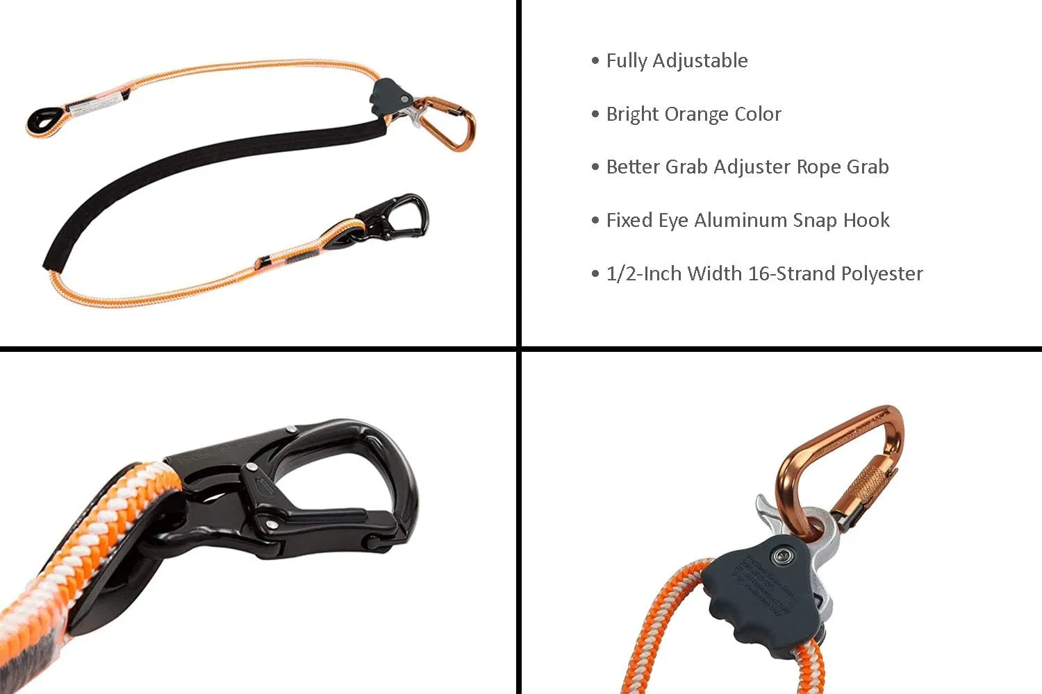 ProClimb Arborist Positioning Lanyard by Pelican Rope - 1/2 in x 12 ft Polyester Rope with Aluminum Snap Hook - Adjustable, High Visibility, ANSI/OSHA Certified for Work Positioning and Tree Climbing