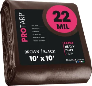 PROTARP Extreme Heavy Duty 22 Mil Tarp Cover, Waterproof, UV Resistant, Rip and Tear Proof, Poly Tarpaulin with Reinforced Edges for Roof, Camping, Patio, Pool, Boat. (Brown/Black 10′ X 10′)