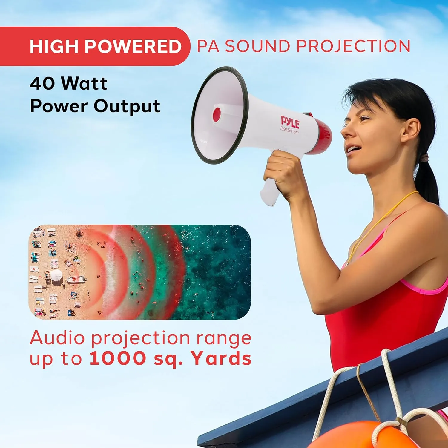 Pyle Megaphone Speaker PA Bullhorn - Built-in Siren Rechargeable Battery, Auxiliary Jack 40Watts & 1000 Yard Range - Record Function Ideal for Cheerleading Fans, Coaches or for Safety Drills - PMP48IR