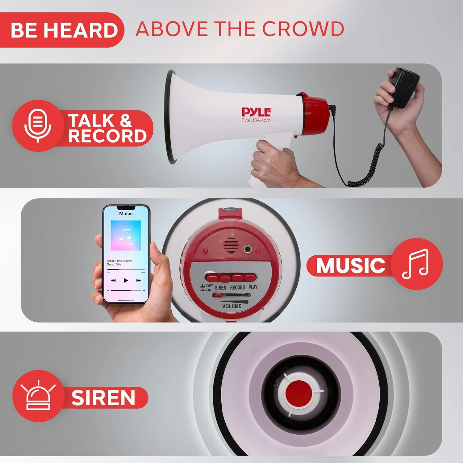 Pyle Megaphone Speaker PA Bullhorn - Built-in Siren Rechargeable Battery, Auxiliary Jack 40Watts & 1000 Yard Range - Record Function Ideal for Cheerleading Fans, Coaches or for Safety Drills - PMP48IR