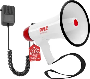 Pyle Megaphone Speaker PA Bullhorn - Built-in Siren Rechargeable Battery, Auxiliary Jack 40Watts & 1000 Yard Range - Record Function Ideal for Cheerleading Fans, Coaches or for Safety Drills - PMP48IR