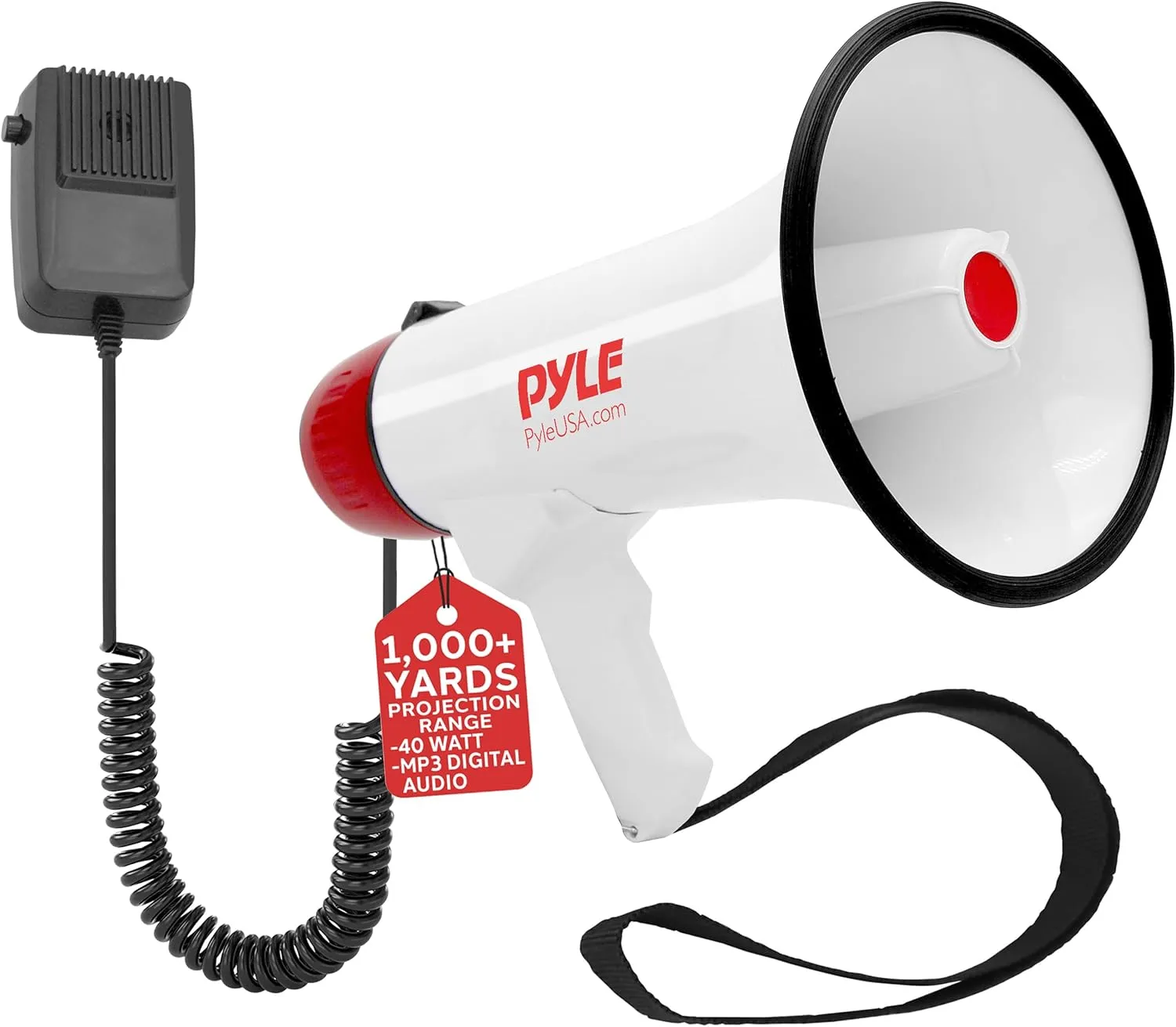 Pyle Megaphone Speaker PA Bullhorn - Built-in Siren Rechargeable Battery, Auxiliary Jack 40Watts & 1000 Yard Range - Record Function Ideal for Cheerleading Fans, Coaches or for Safety Drills - PMP48IR