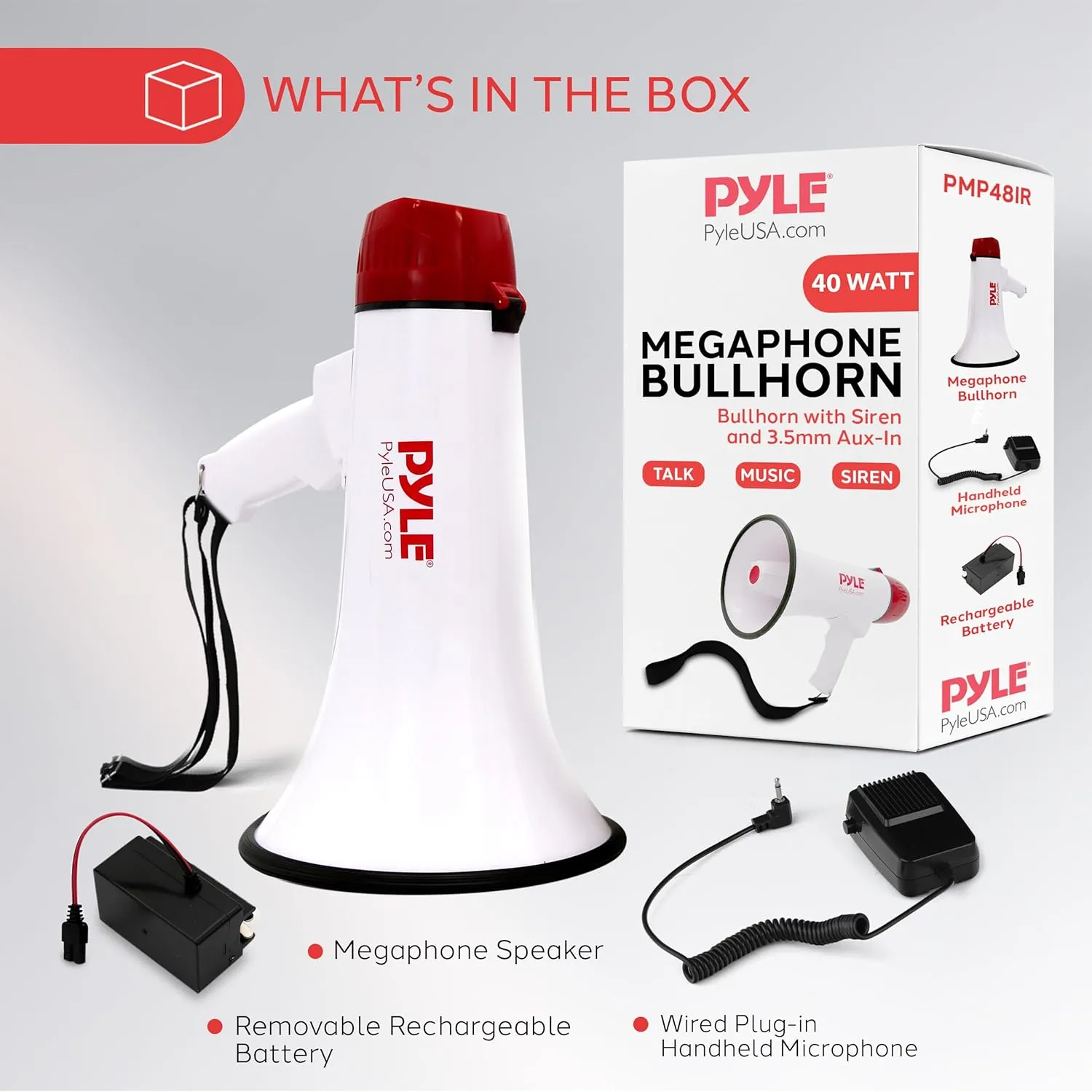 Pyle Megaphone Speaker PA Bullhorn - Built-in Siren Rechargeable Battery, Auxiliary Jack 40Watts & 1000 Yard Range - Record Function Ideal for Cheerleading Fans, Coaches or for Safety Drills - PMP48IR