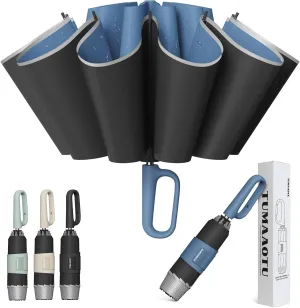 QWB TUMAAOTU Inverted Umbrella with Carabiner Handle, Wind Proof Umbrellas For Rain and Sun, 46 Inch Portable Reverse Folding UV Umbrella, Car Umbrella for Women Men, 10 Ribs