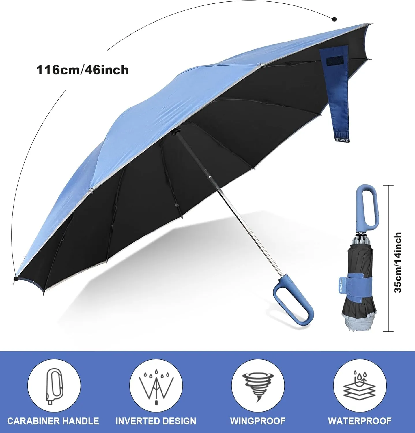 QWB TUMAAOTU Inverted Umbrella with Carabiner Handle, Wind Proof Umbrellas For Rain and Sun, 46 Inch Portable Reverse Folding UV Umbrella, Car Umbrella for Women Men, 10 Ribs