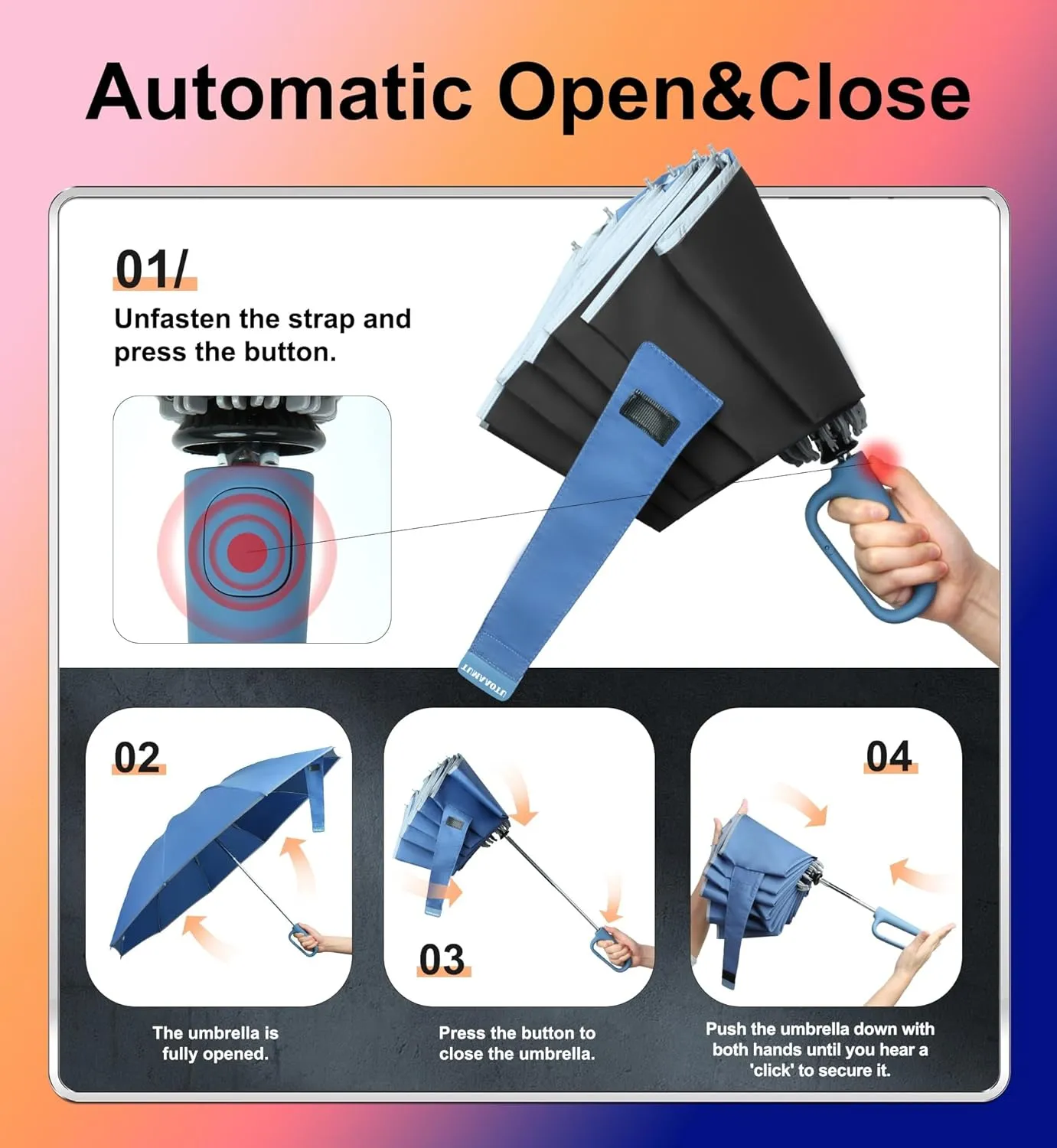QWB TUMAAOTU Inverted Umbrella with Carabiner Handle, Wind Proof Umbrellas For Rain and Sun, 46 Inch Portable Reverse Folding UV Umbrella, Car Umbrella for Women Men, 10 Ribs
