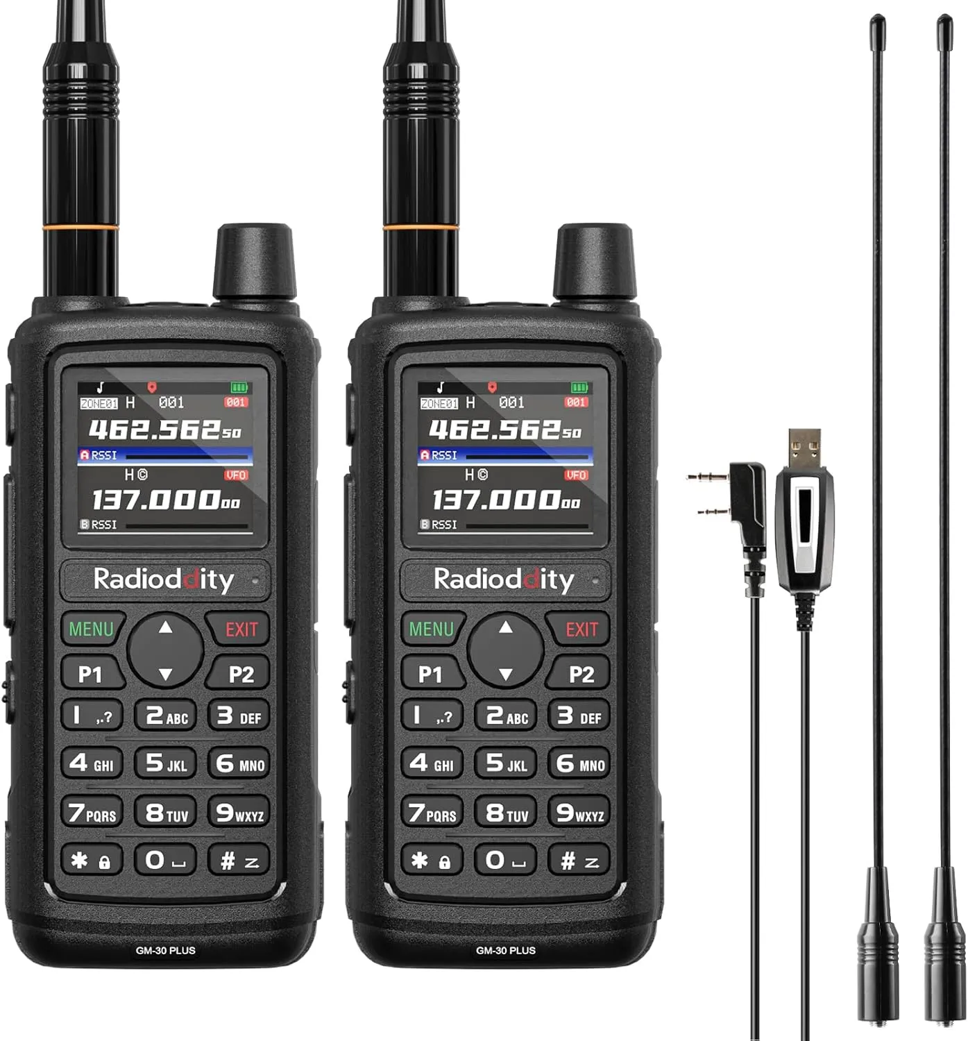 Radioddity GM-30 Plus GMRS Handheld Radio, GMRS Repeater Capable, Long Range NOAA/UHF/VHF/Airband Scanner & Receiver with 1000 Channels, GPS Tracking, Programming Cable, 15.5” ANT, 2 Pack
