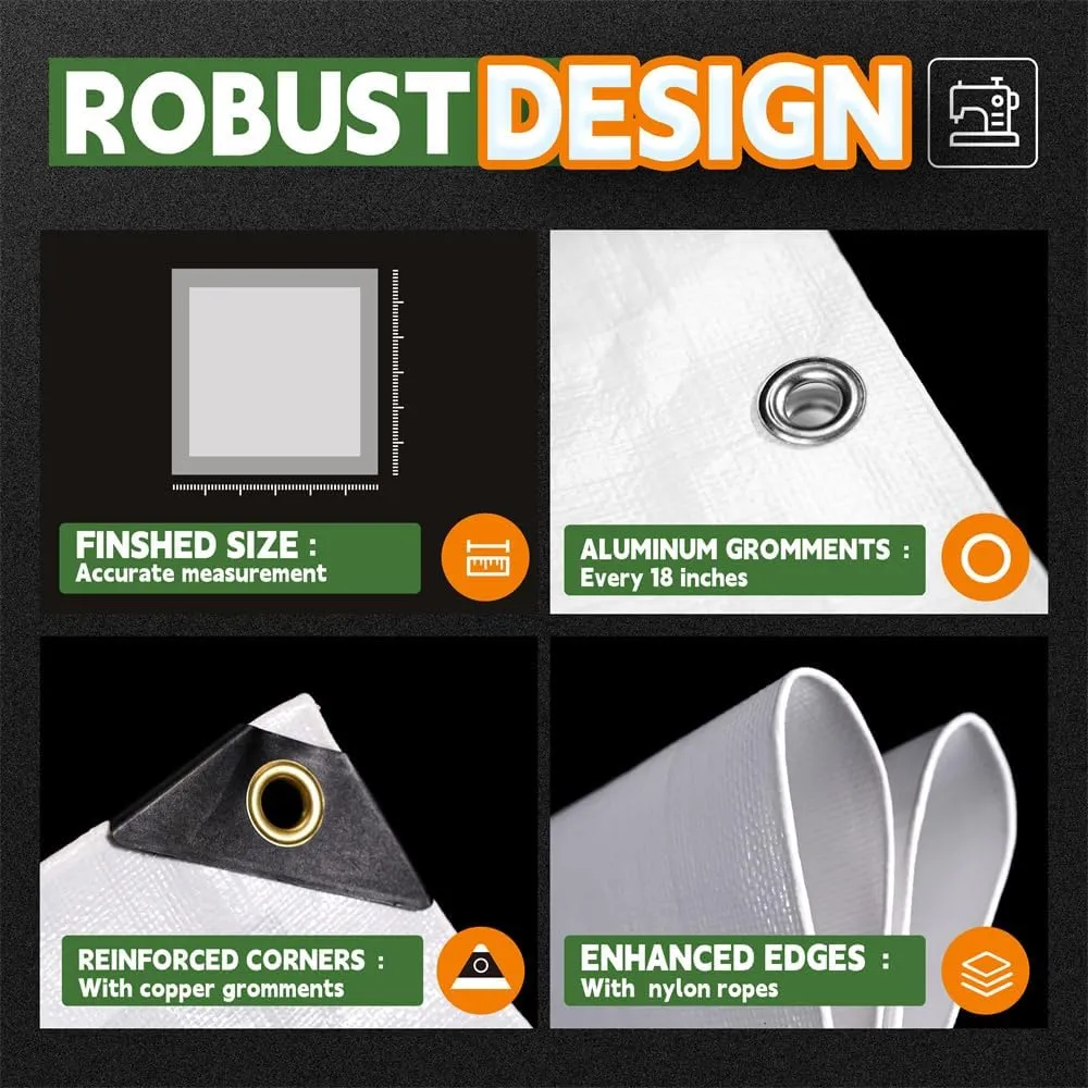 RAINDEWAY 12 Mil Heavy Duty White Tarp 6x20 Feet, UV Resistant, Waterproof, Weatherproof Poly Tarp with Metal Grommets and Reinforced Edges