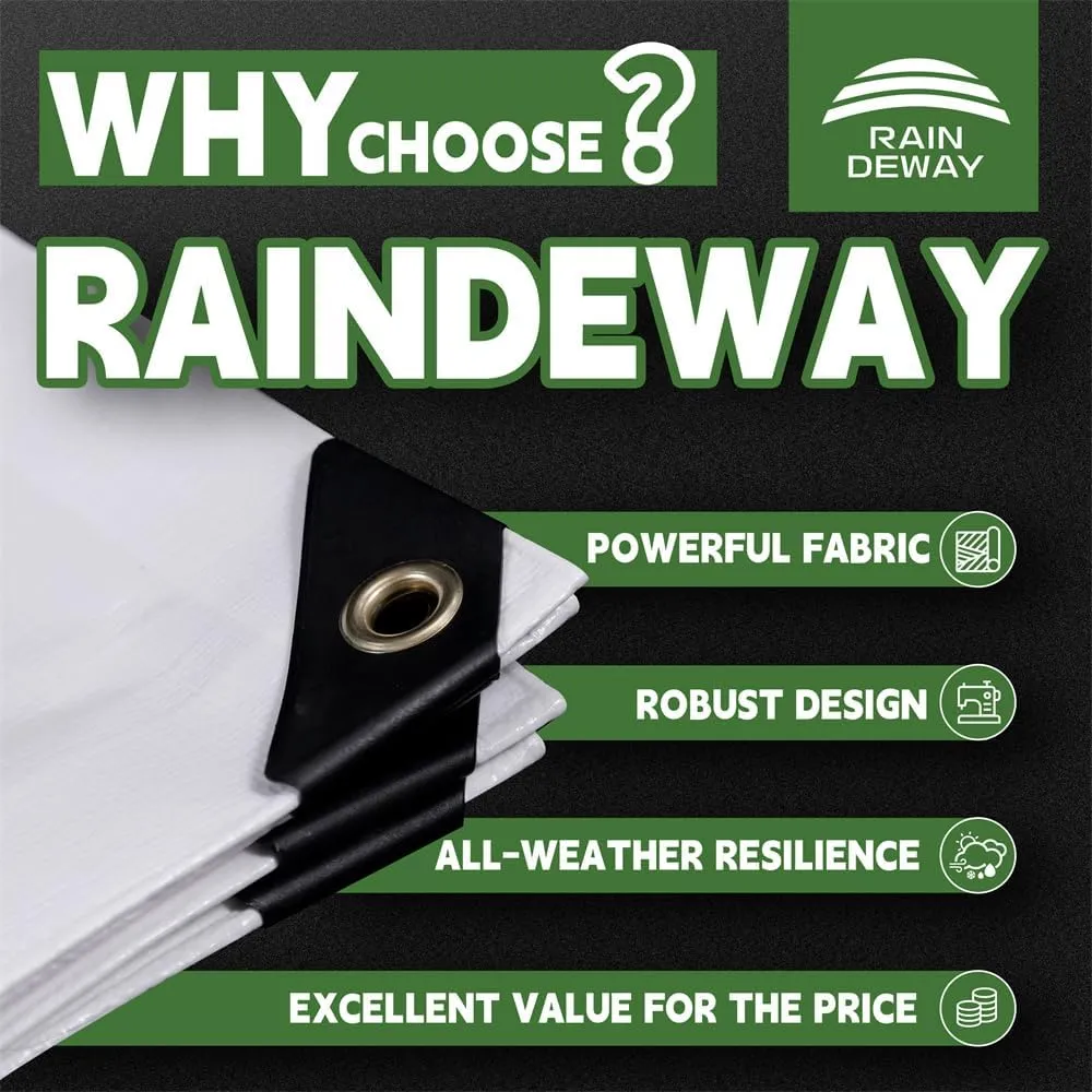 RAINDEWAY 12 Mil Heavy Duty White Tarp 6x20 Feet, UV Resistant, Waterproof, Weatherproof Poly Tarp with Metal Grommets and Reinforced Edges