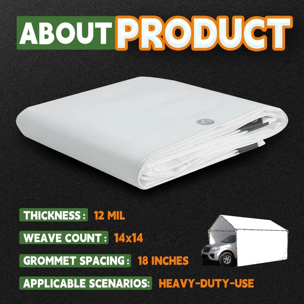 RAINDEWAY 12 Mil Heavy Duty White Tarp 6x20 Feet, UV Resistant, Waterproof, Weatherproof Poly Tarp with Metal Grommets and Reinforced Edges